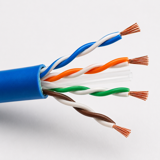 Close-up of a CAT6 twisted pair Ethernet cable with exposed copper conductors and four color-coded wire pairs.