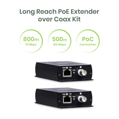 PoE Over Coax Extender Kit – 802.3af/at/bt Compatible, RG59/RG6, 10/100Mbps, Up to 500m at 100Mbps / 800m at 10Mbps – IP09CPK