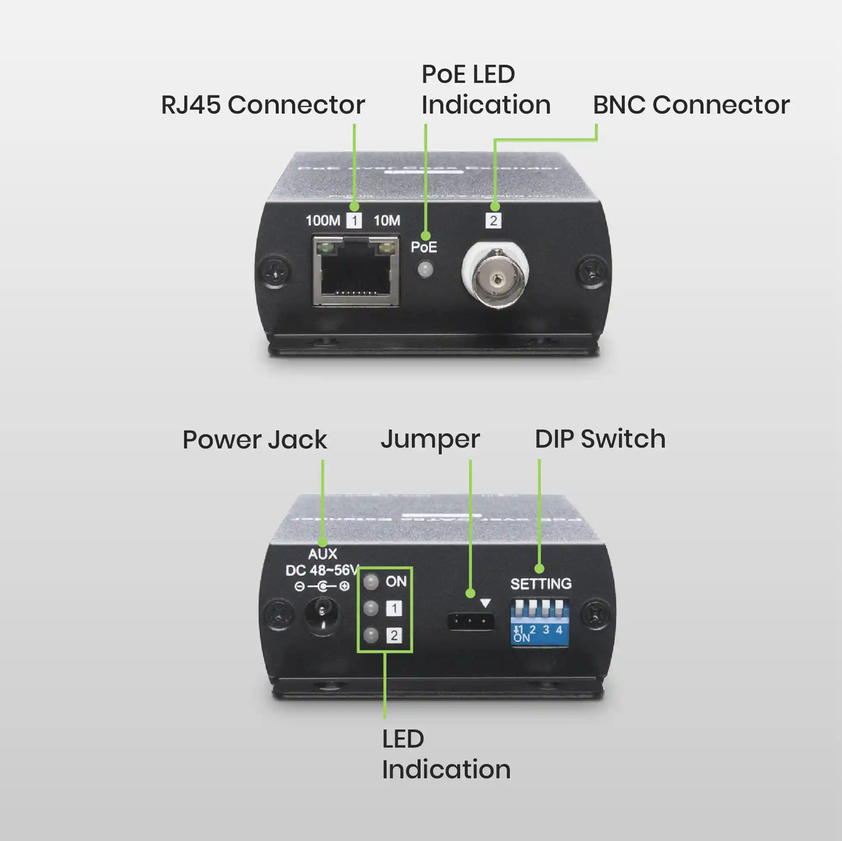 PoE Over Coax Extender Kit – 802.3af/at/bt Compatible, RG59/RG6, 10/100Mbps, Up to 500m at 100Mbps / 800m at 10Mbps – IP09CPK